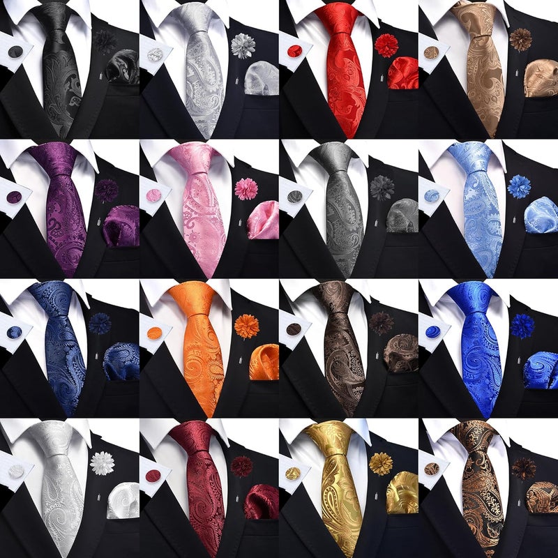 GUSLESON Paisley Tie Set for Men 3.15" Necktie Lapel Pin Hankerchief Cufflinks Set for Men - Image 4